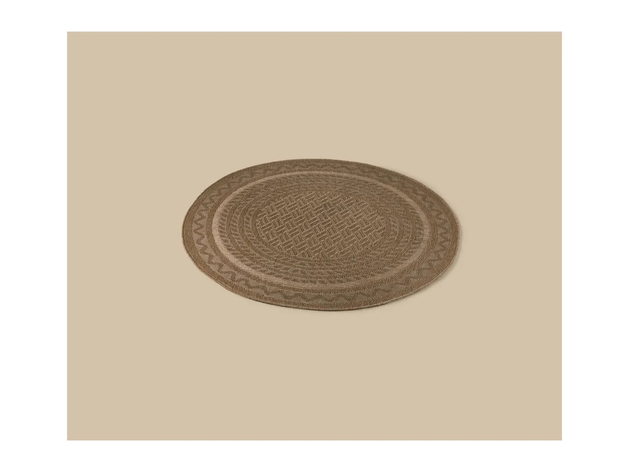 An oval, woven placemat in a natural brown color with a geometric pattern.