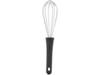A black-handled whisk with stainless steel wires.