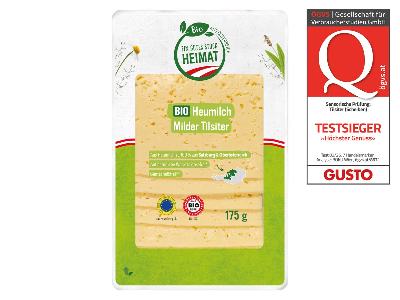 Verpackung von Bio-Heumilch Tilsiter Käsescheiben mit Herkunftsangaben und Qualitätssiegeln.