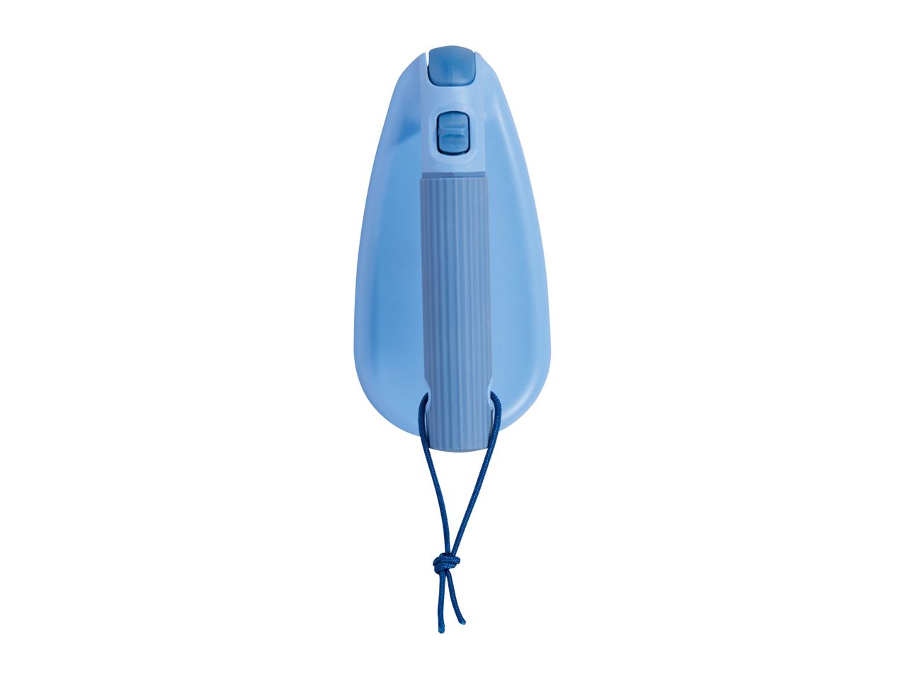 A light blue handheld shoe horn with a cord.