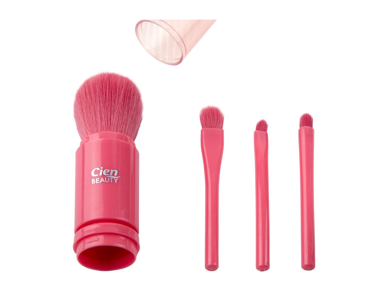 Pink travel makeup brush set with a blush brush, angled brush, and two smaller brushes.