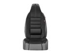 Black and gray car seat cover with textured side panels and white stitching.