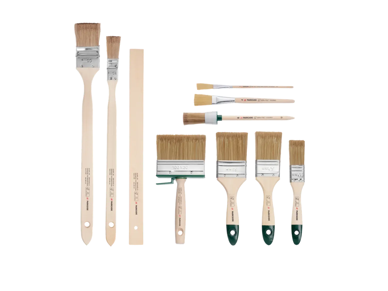 A set of various paintbrushes, including flat and round brushes, with wooden handles.