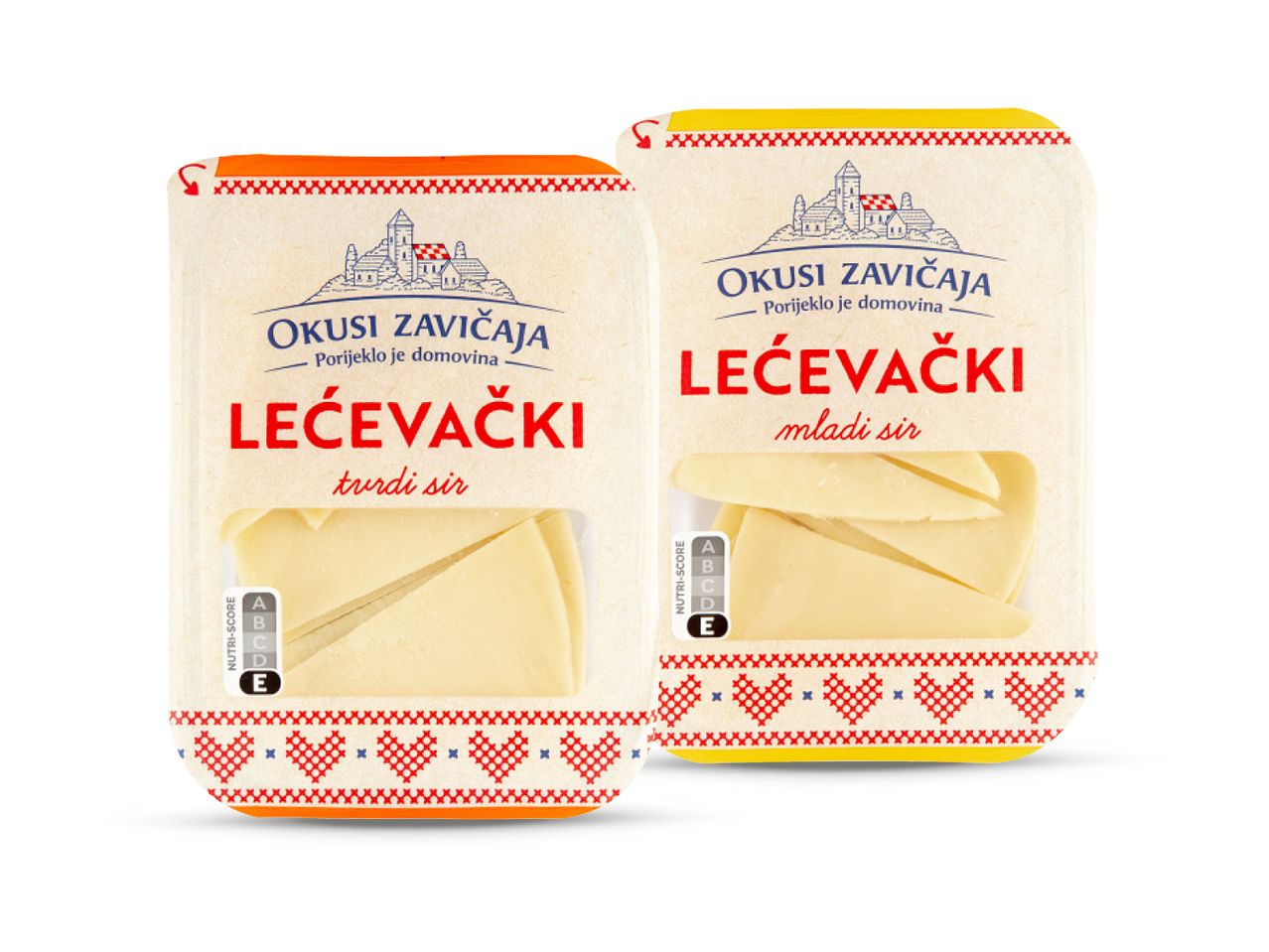Dva pakiranja Lećevačkog sira, tvrdi i mladi, s Nutri-Score ocjenom E.