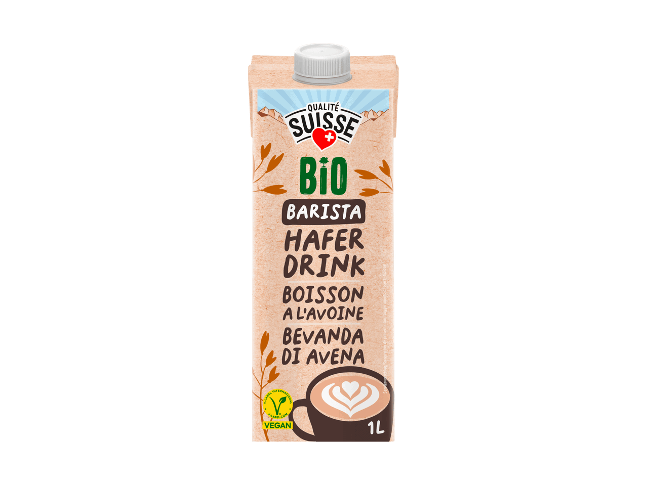 Un cartone da 1 litro di bevanda biologica all'avena Barista con l'immagine di una tazza di caffè.