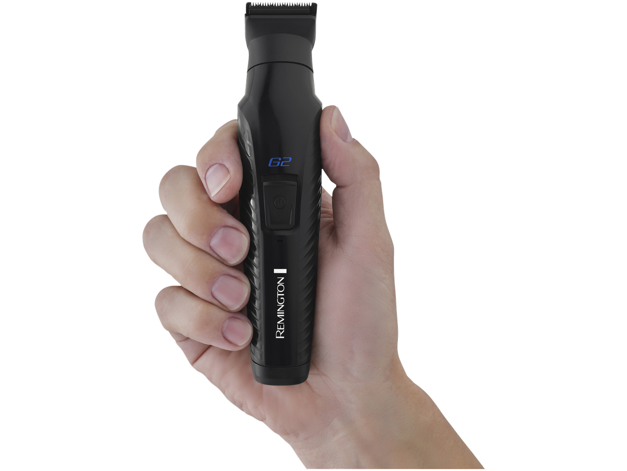 Hand holding a black electric beard trimmer with blue text and a power button.
