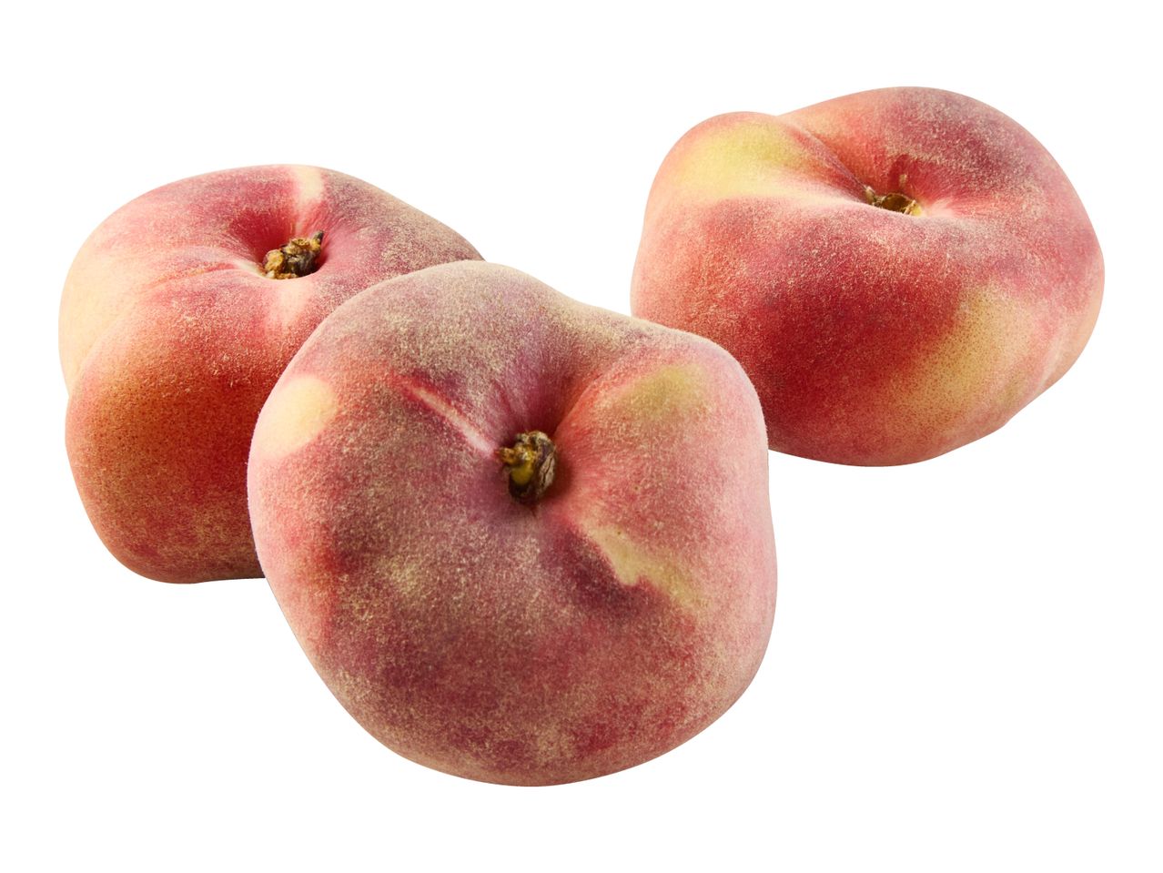 Three flat peaches with fuzzy skin, red and yellow hues, on a white background.
