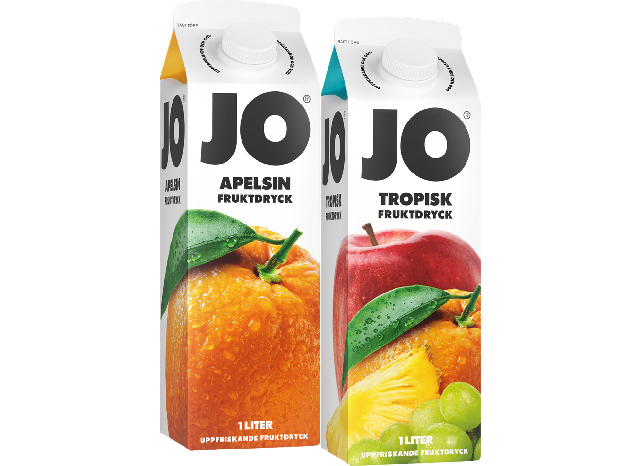 Två förpackningar med Jo fruktjuice, en apelsinsmak och en tropisk smak.