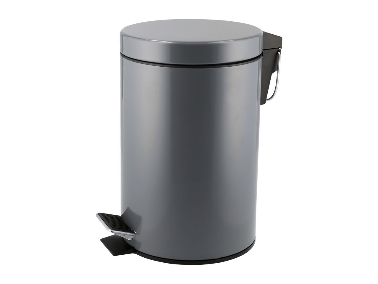 Grey pedal bin with a round lid and a black foot pedal