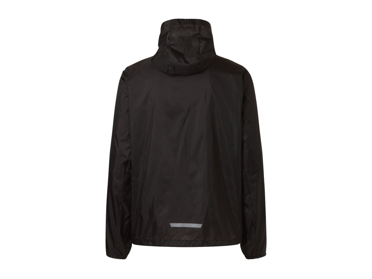 Black waterproof jacket with a hood and a reflective strip on the back.