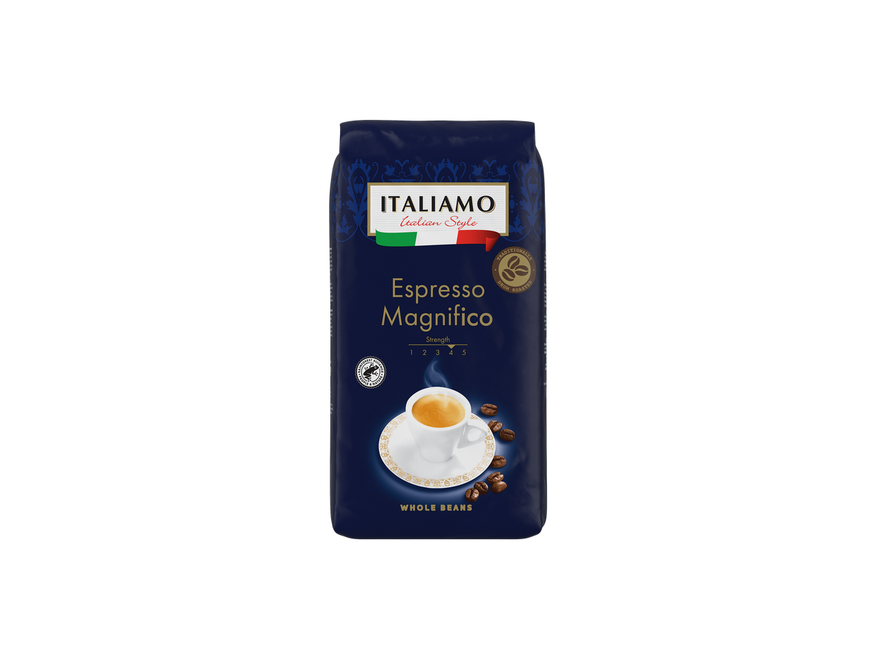 Italiamo Espresso Magnifico whole coffee beans in a dark blue bag with an espresso cup.
