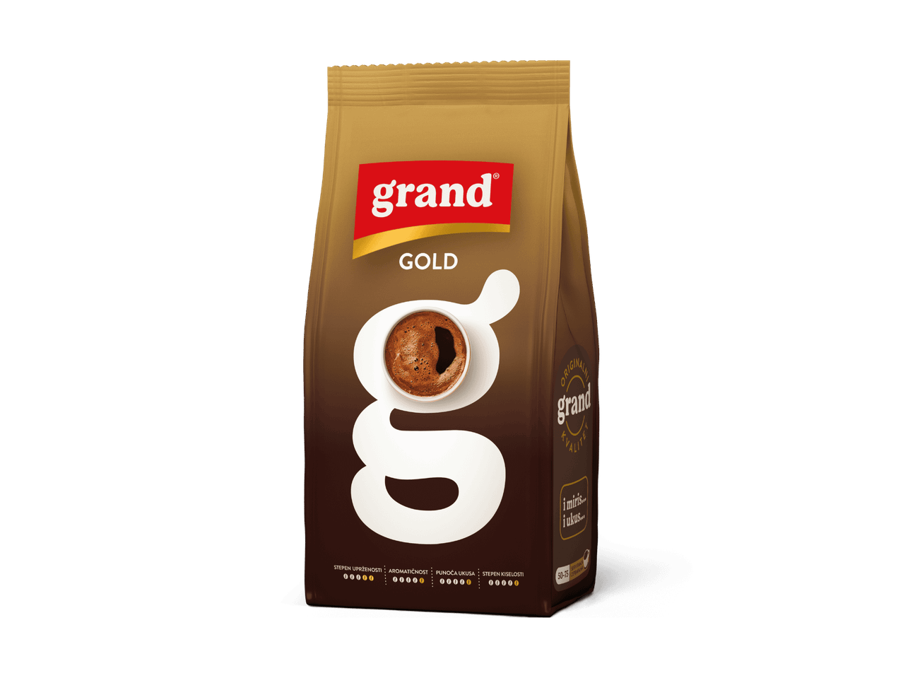 Grand Gold Kaffee in einer goldenen Verpackung.