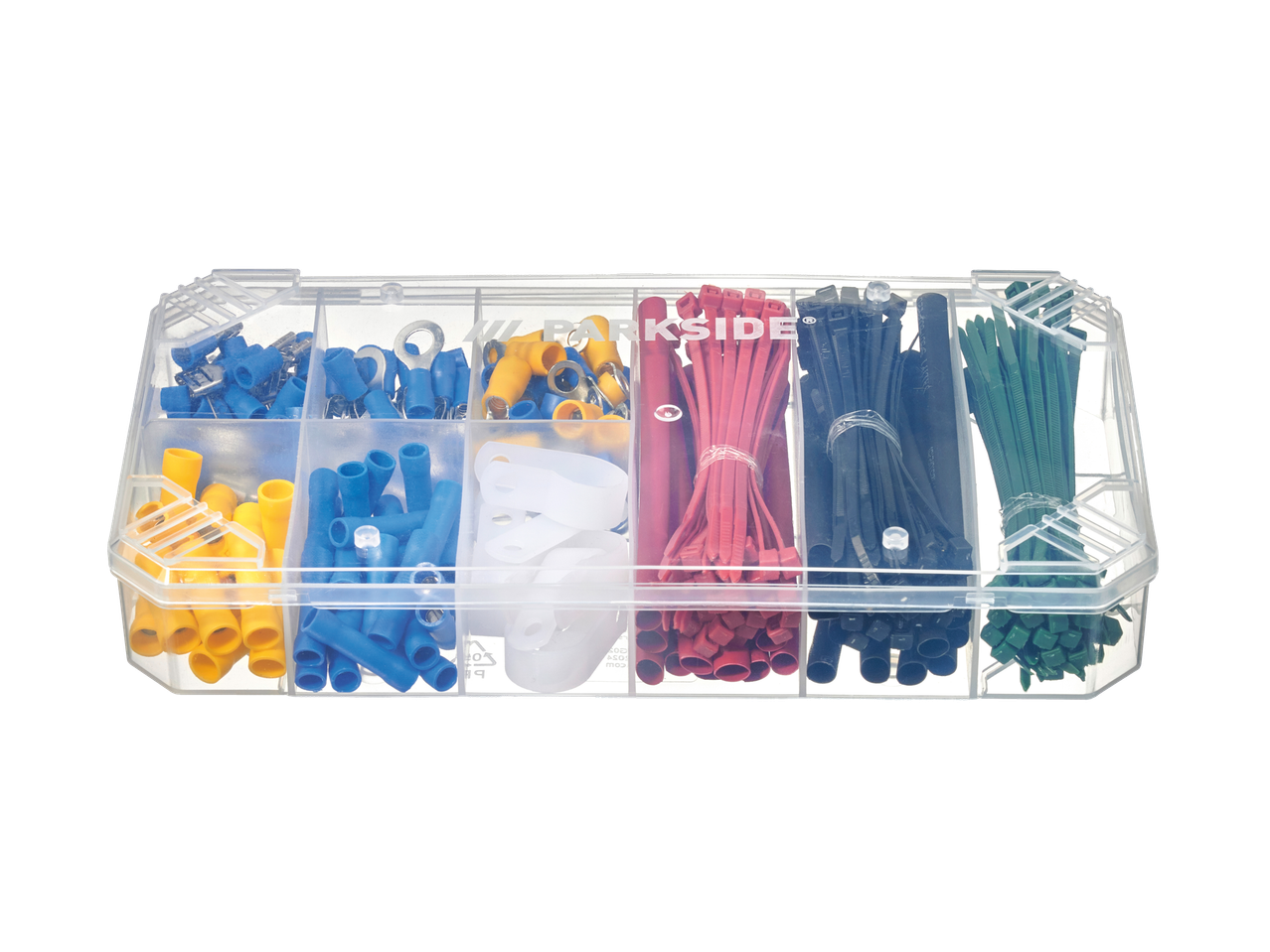 Kit de fixação especial PARKSIDE com abraçadeiras e terminais em caixa transparente.