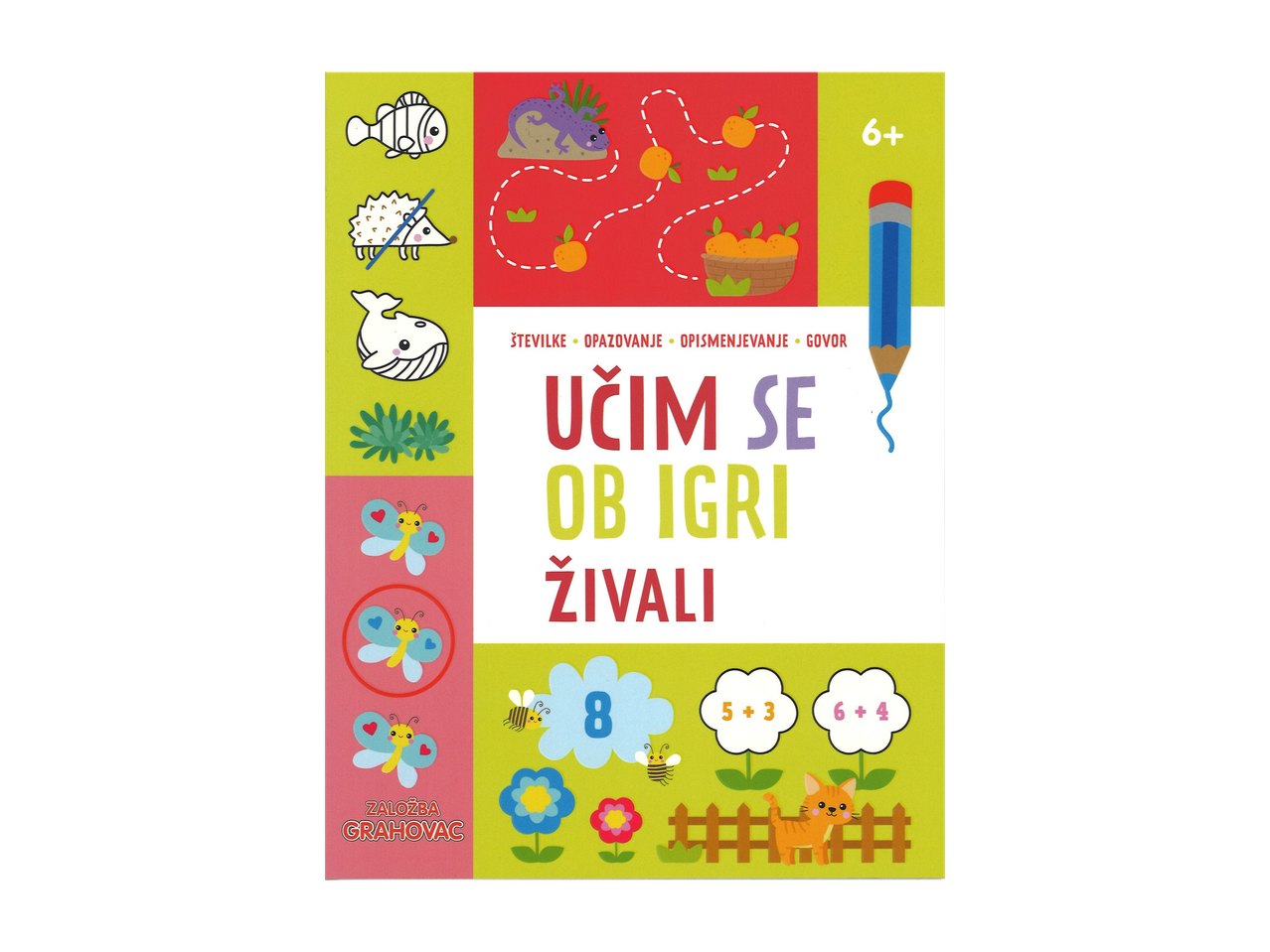 Učna knjiga za otroke z živalmi, številkami in igrami, primerna za starost 6+.