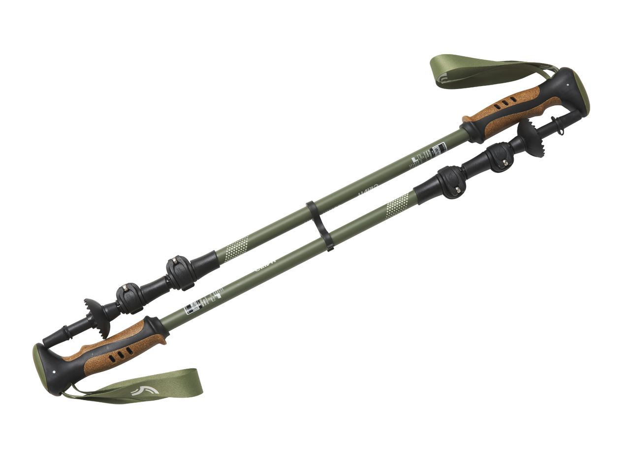 Pair of green trekking poles with cork handles and black accents