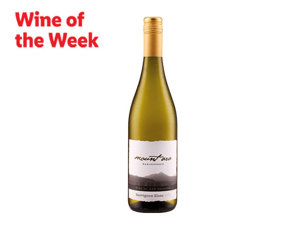 Wine of the Week: A bottle of white Sauvignon Blanc wine with a mountain landscape label.