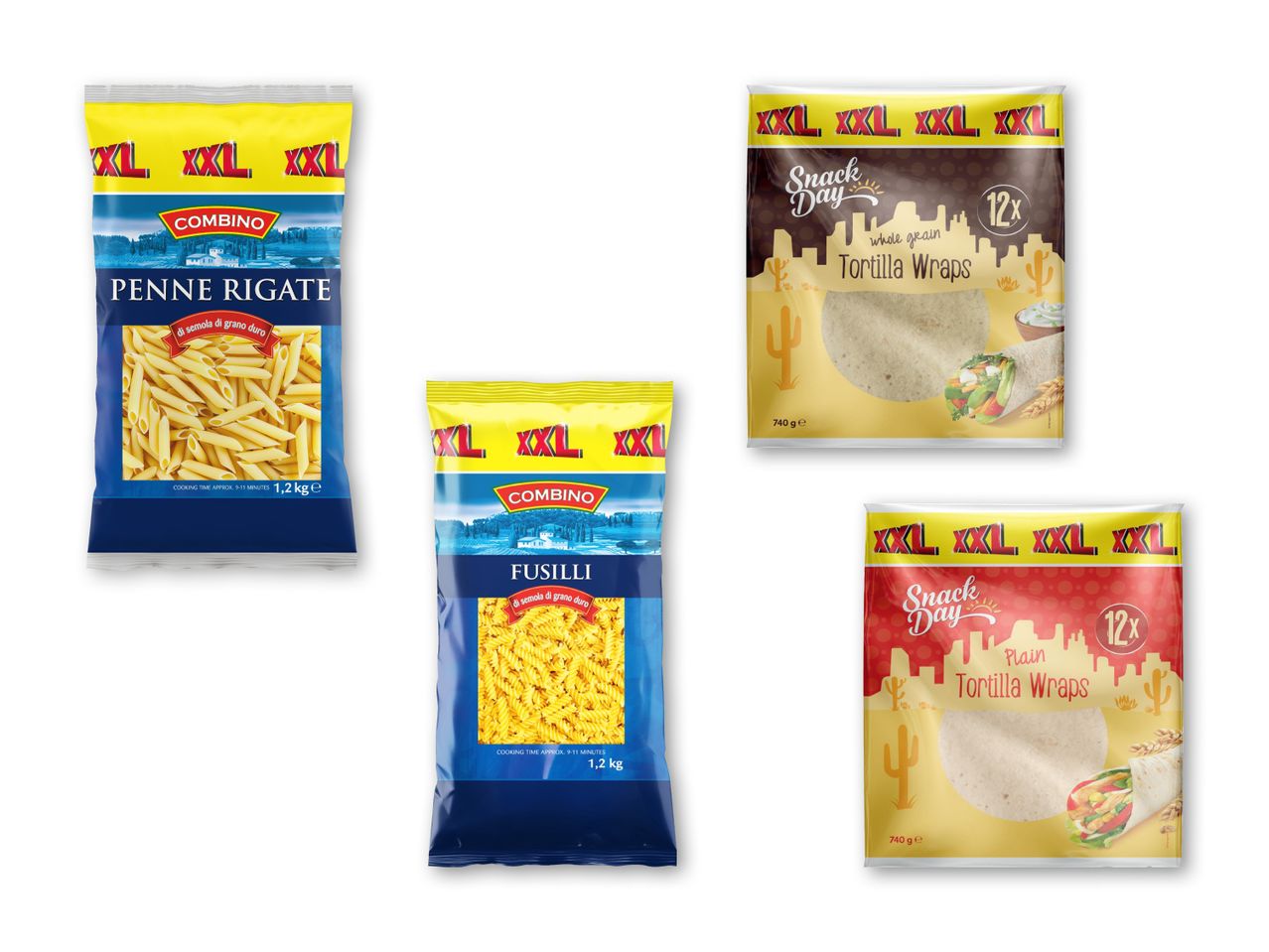 Fire produktpakker, herunder to pakker Combino pasta og to pakker Snack Day tortilla wraps.