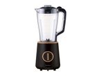 Black blender with a clear jug, wooden accents, and a control dial.
