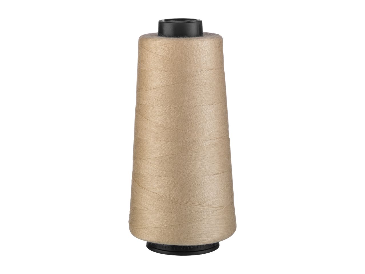 A large spool of light brown thread on a white background.