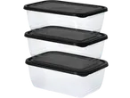 SILVERCREST® Food Storage Containers, set of three, clear with black lids, stacked.