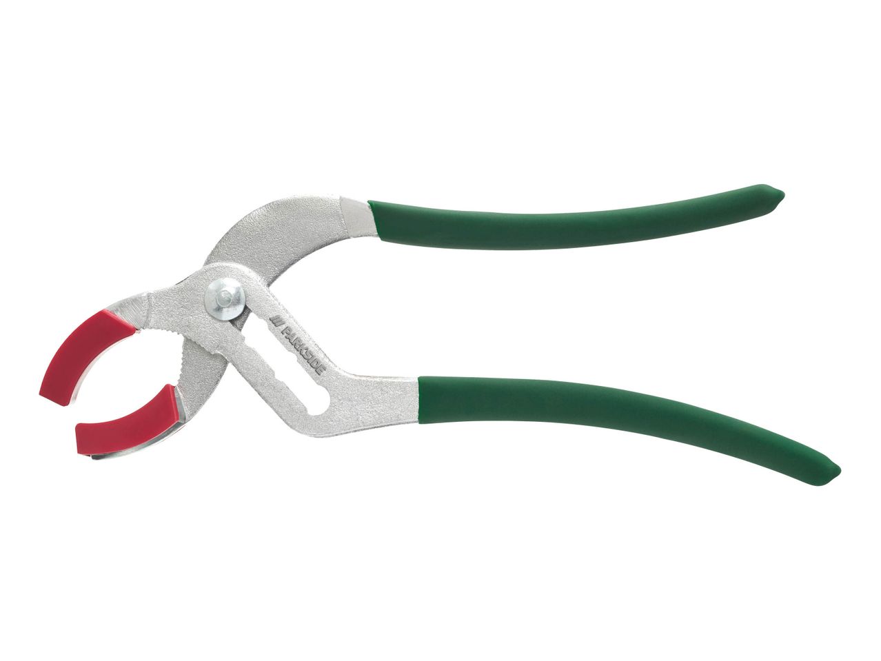 A pair of Parkside pliers with green handles and red jaw covers.