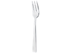 Fourchette de table en acier inoxydable sur fond noir.