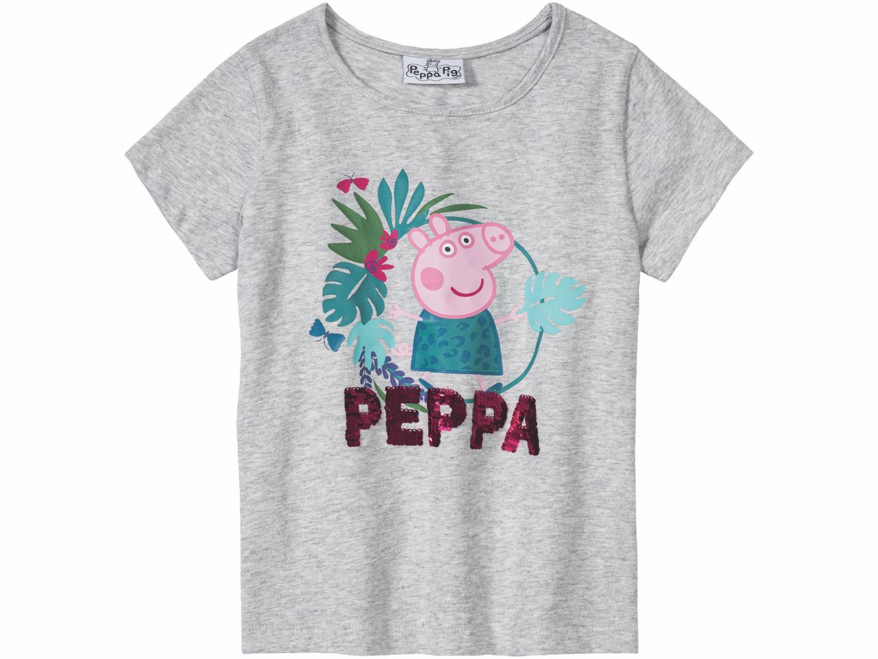 Maglietta grigia con stampa di Peppa Pig e foglie tropicali.
