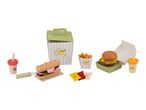 Wooden toy fast food set with burger, fries, sandwich, and drinks.