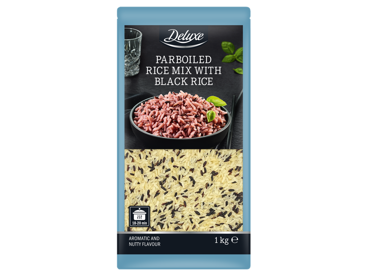 Deluxe tvaicētu rīsu maisījuma ar melnajiem rīsiem iepakojums, 1 kg.