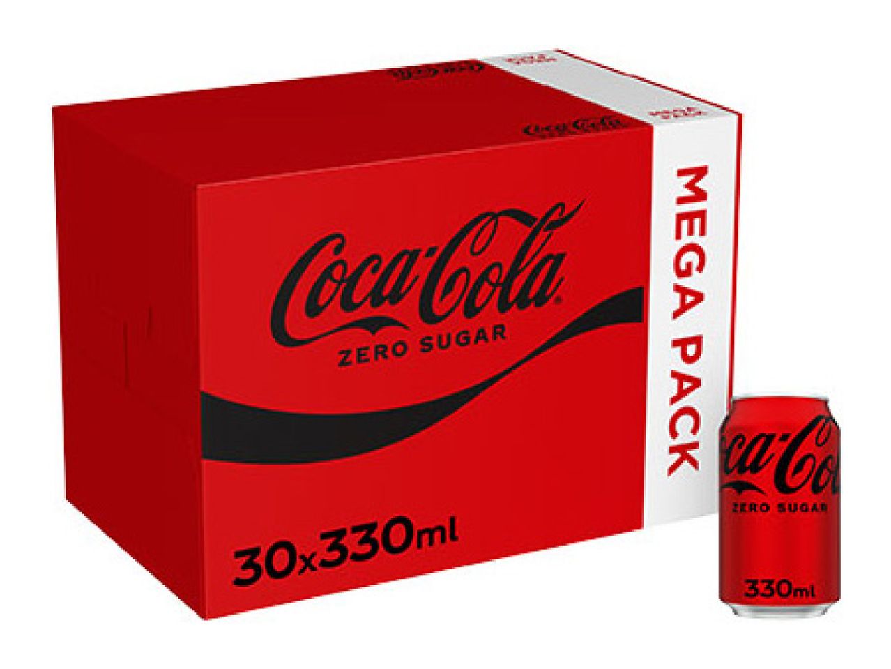 Red mega pack of 30 zero sugar soda cans, with one can displayed separately.