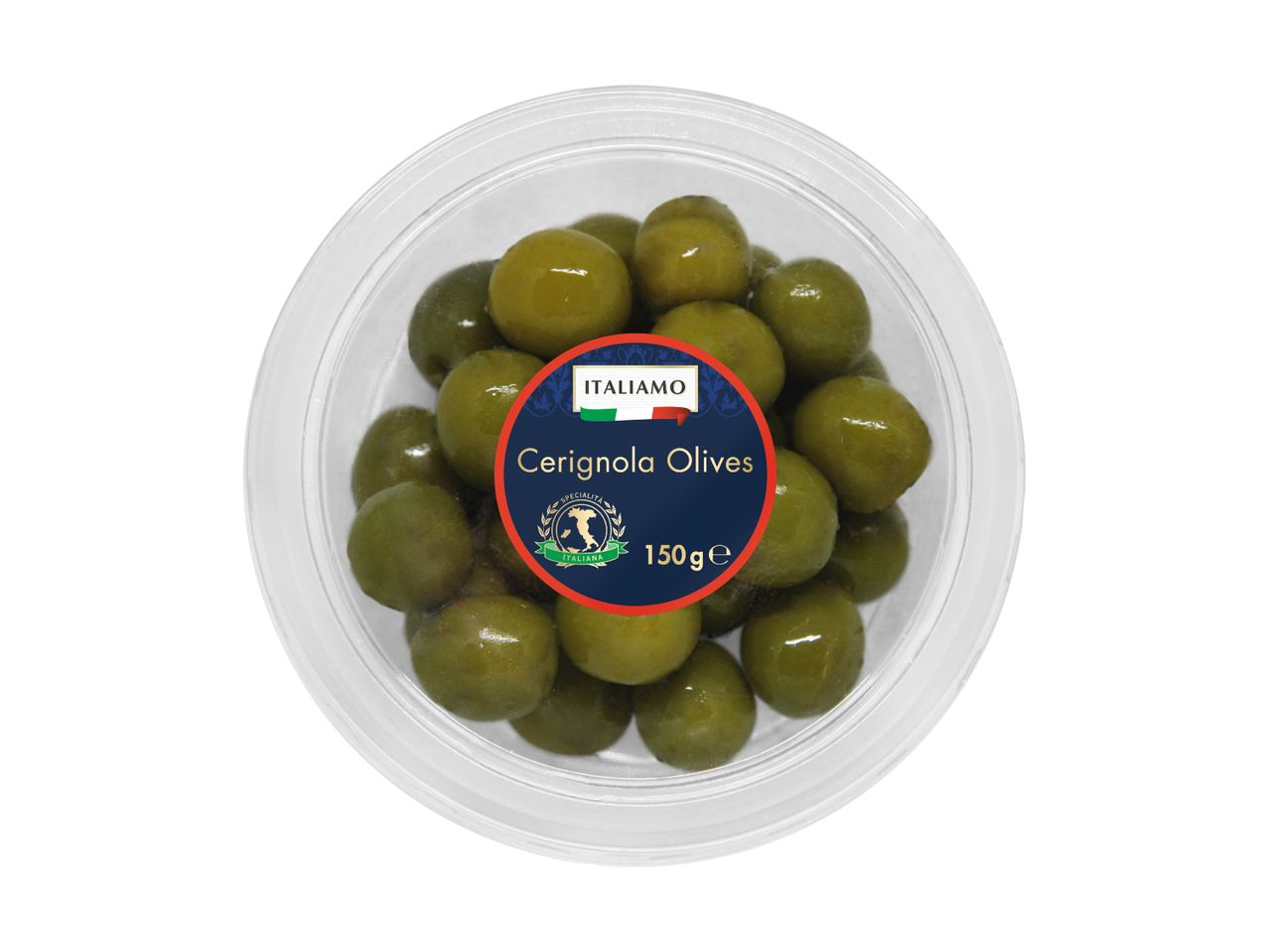 A clear plastic container of green Cerignola olives with a dark blue label indicating '150 ge'.