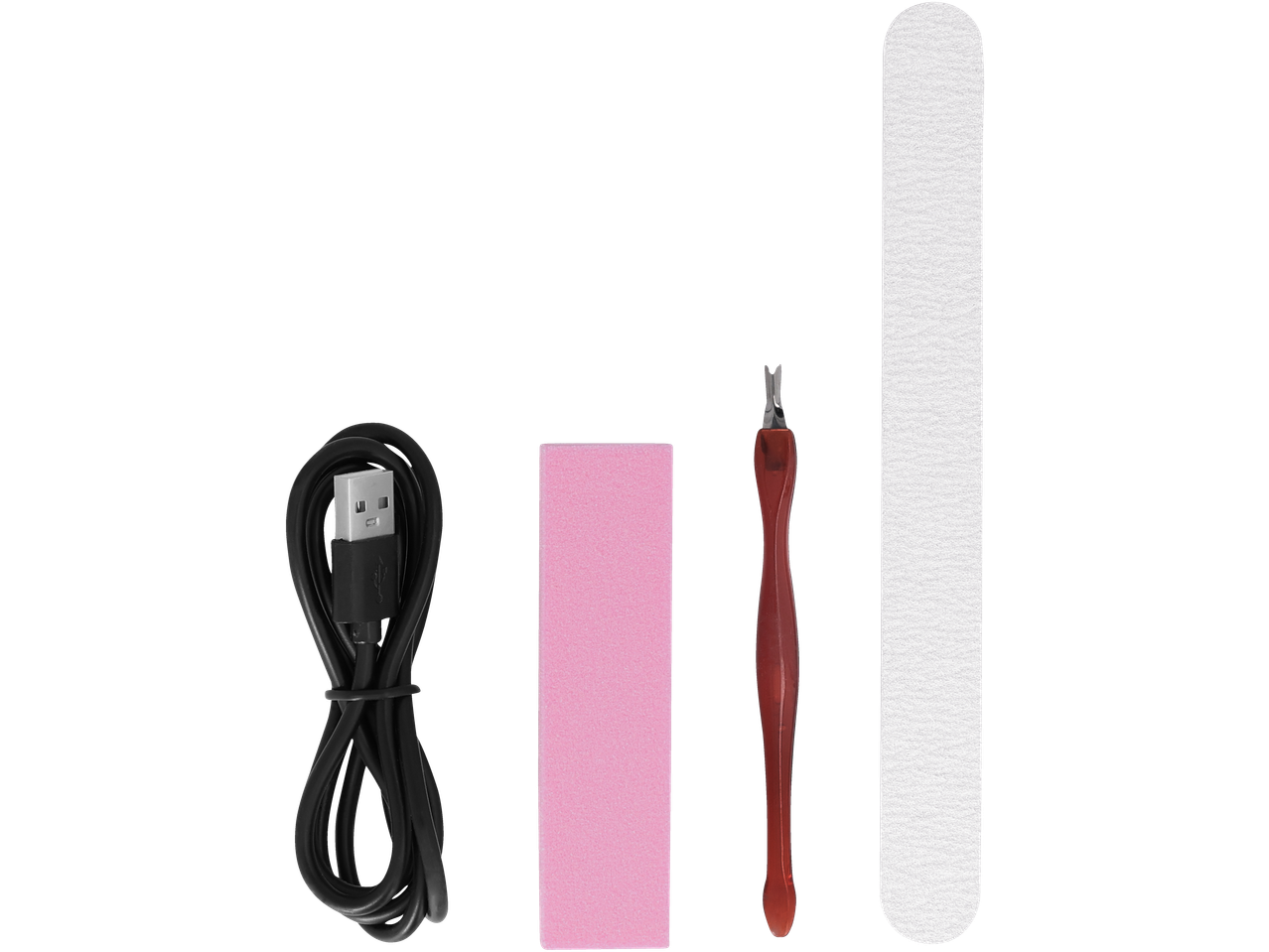 Cablu USB, bloc de lustruit roz, împingător de cuticule și pilă de unghii pentru manichiură și pedichiură