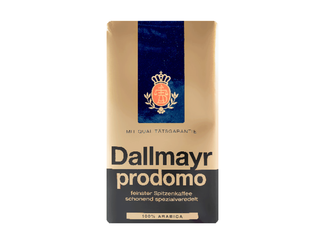 Dallmayr prodomo kohvipakk kuldse ja sinise disainiga, millel on kroonitud logo.