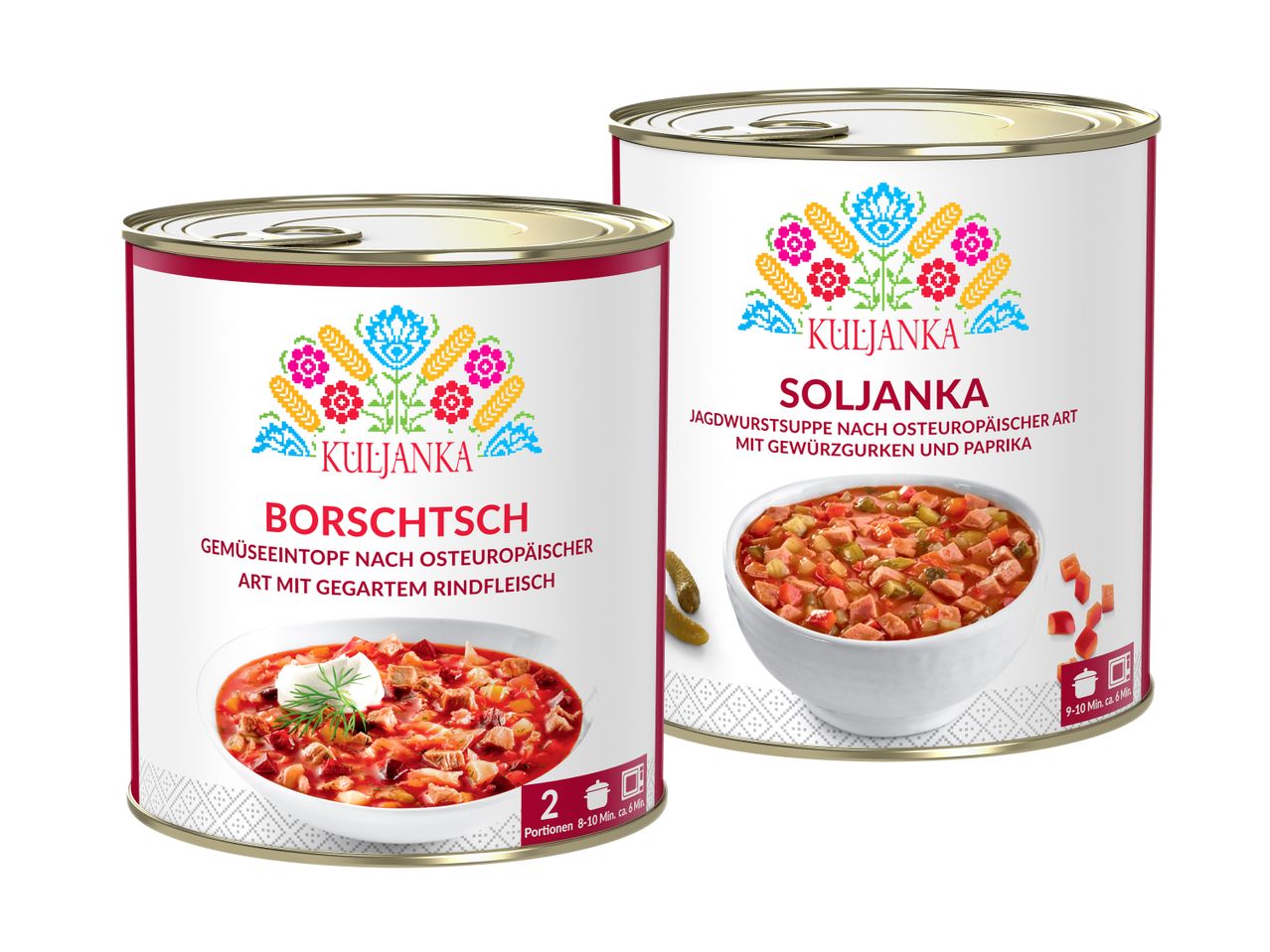 Zwei Dosen Kuljanka, eine mit Borschtsch und eine mit Soljanka, nach osteuropäischer Art.