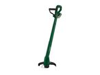 Green electric grass trimmer with a black handle and protective guard