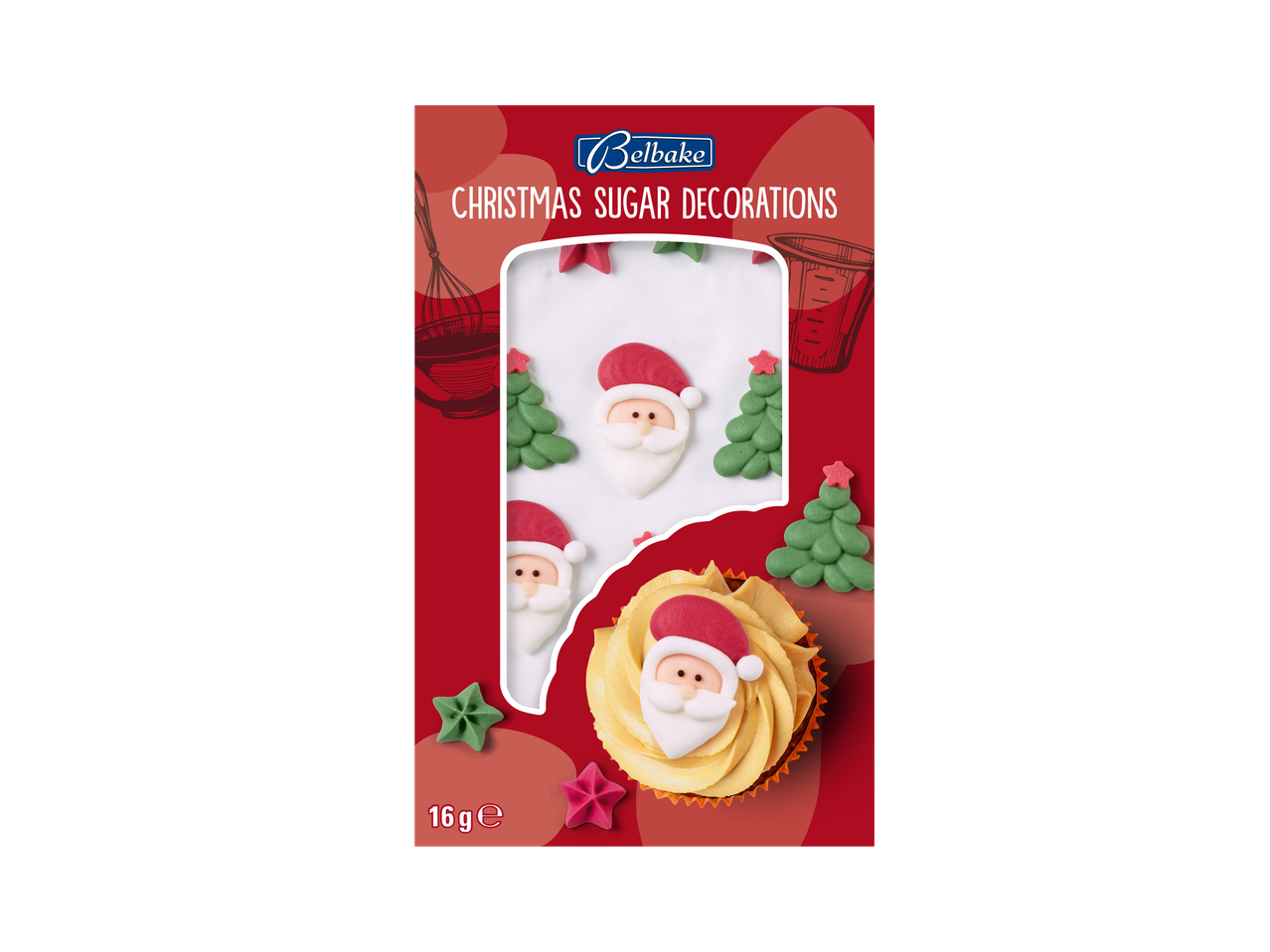 Belbake Christmas Sugar Decorations featuring Santa Claus and Christmas tree designs.