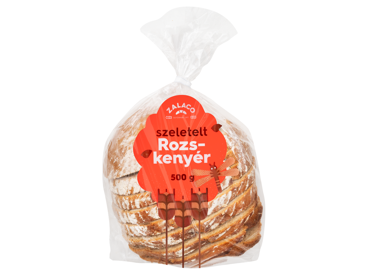 Szeletelt rozskenyér műanyag zacskóban, piros címkével, 500g