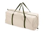 Beige storage bag with green straps and zipper