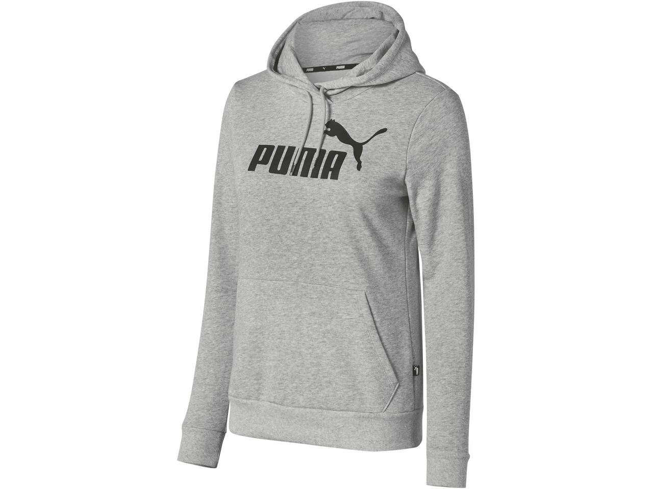 Felpa con cappuccio grigia da donna Puma con logo nero.