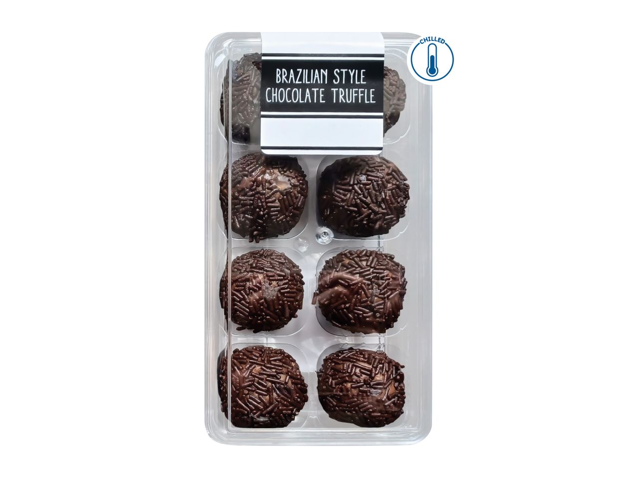 A clear plastic container of eight Brazilian-style chocolate truffles with sprinkles, labeled as 'CHILLED'.