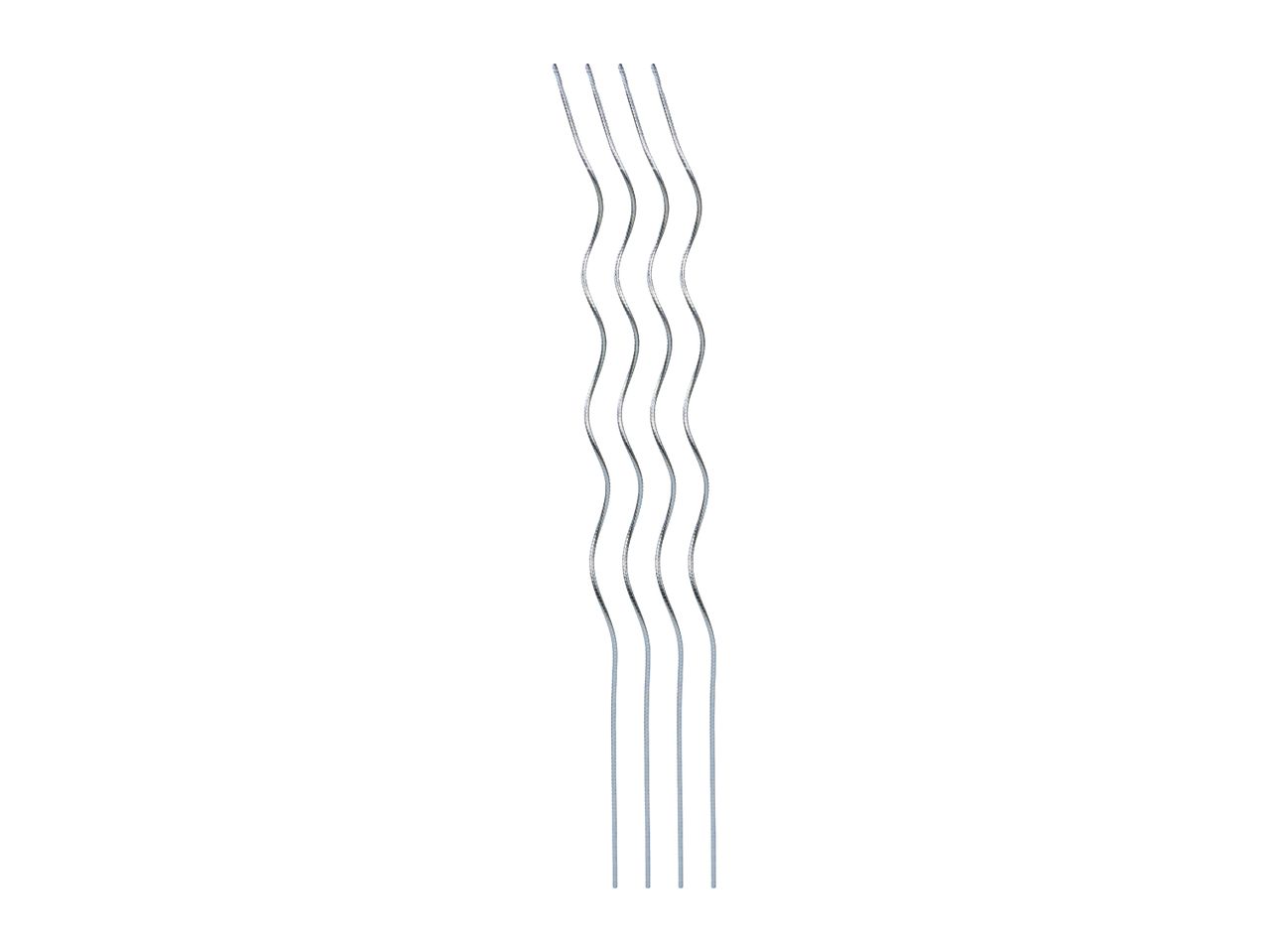 Four wavy metal plant supports on a white background.
