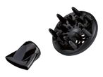 Hair dryer diffuser and concentrator nozzle attachments in black.
