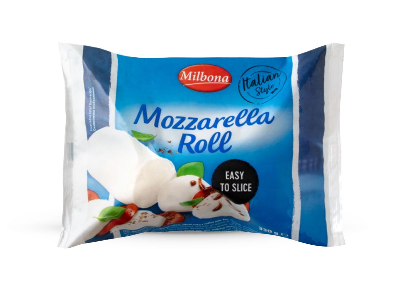 Pakiranje Milbona Mozzarella Roll sira s natpisom 'Italian Style' i 'Easy to Slice'.