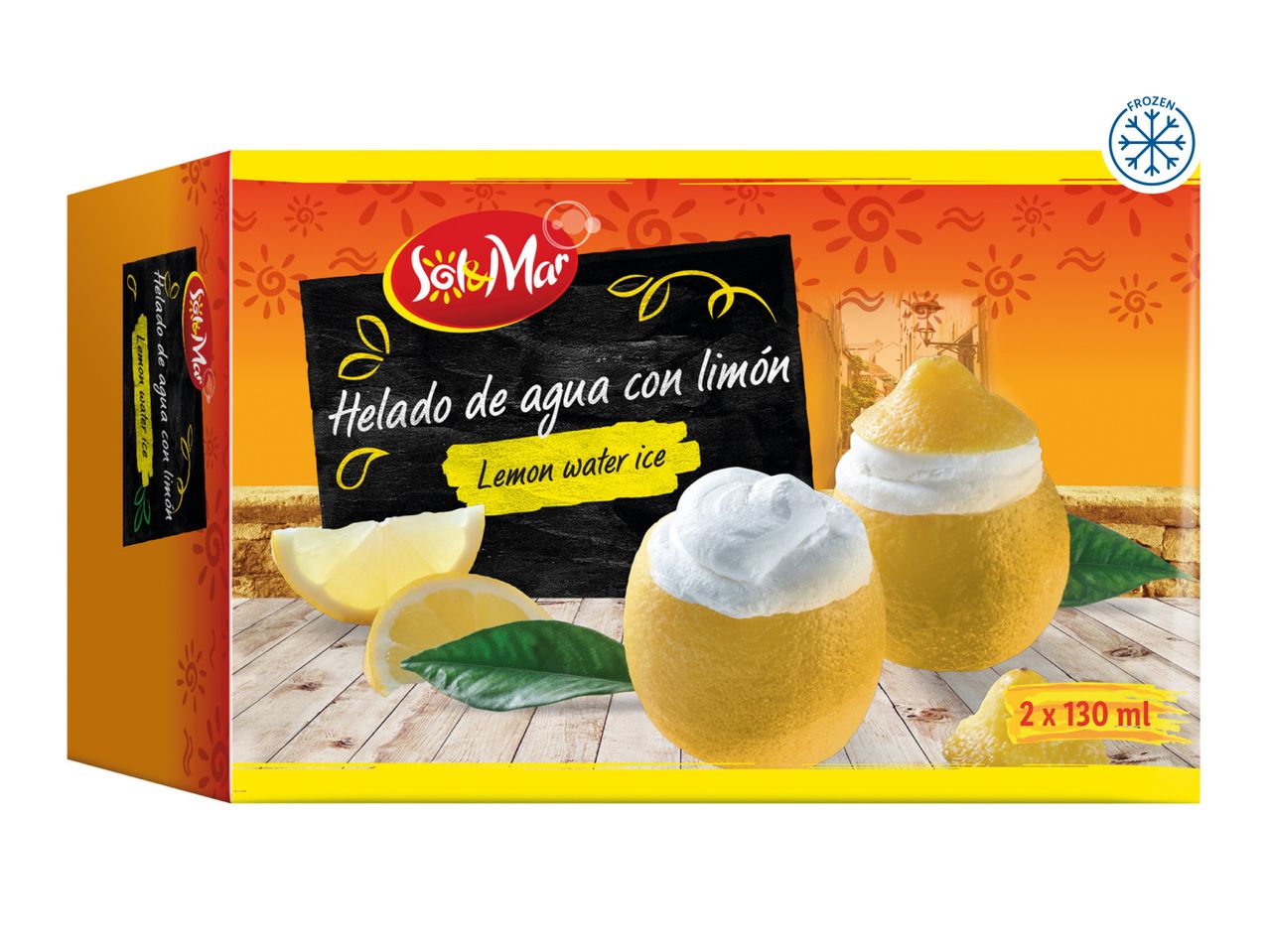 Box of lemon water ice, with two lemon-shaped desserts topped with white cream, lemons, and leaves on a wooden surface. Text: 'Helado de agua con limón' and 'Lemon water ice'.