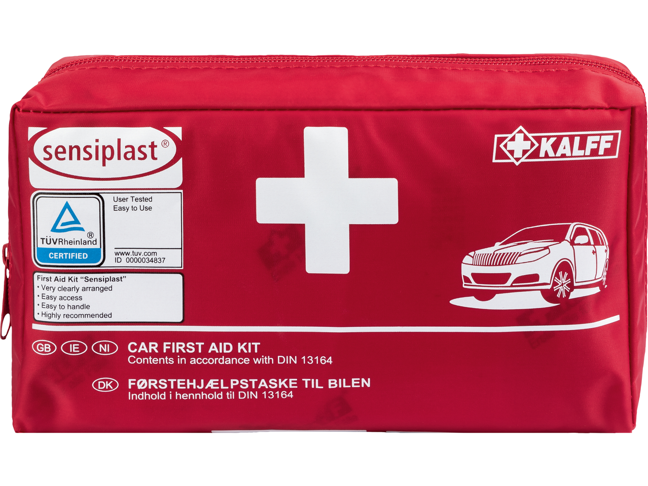 Sensiplast Car First Aid Kit, red bag with white cross, TÜV Rheinland certified.