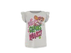 T-shirt branca de menina com folhos, gráfico de cachorro e texto 'PAWS CLAWS AND ROARS!'