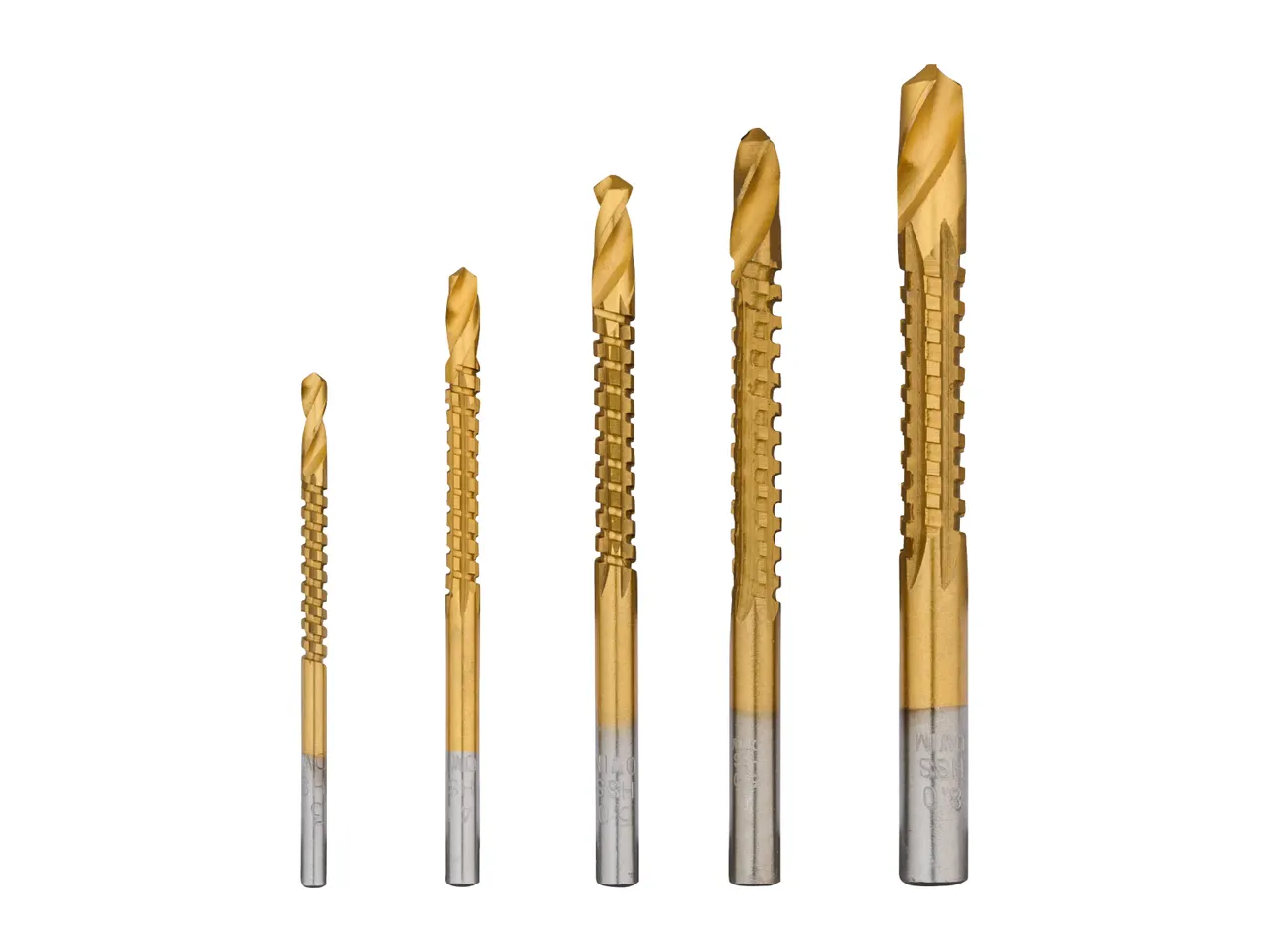 Five golden-colored drill bits of varying sizes, with textured shafts and silver bases.