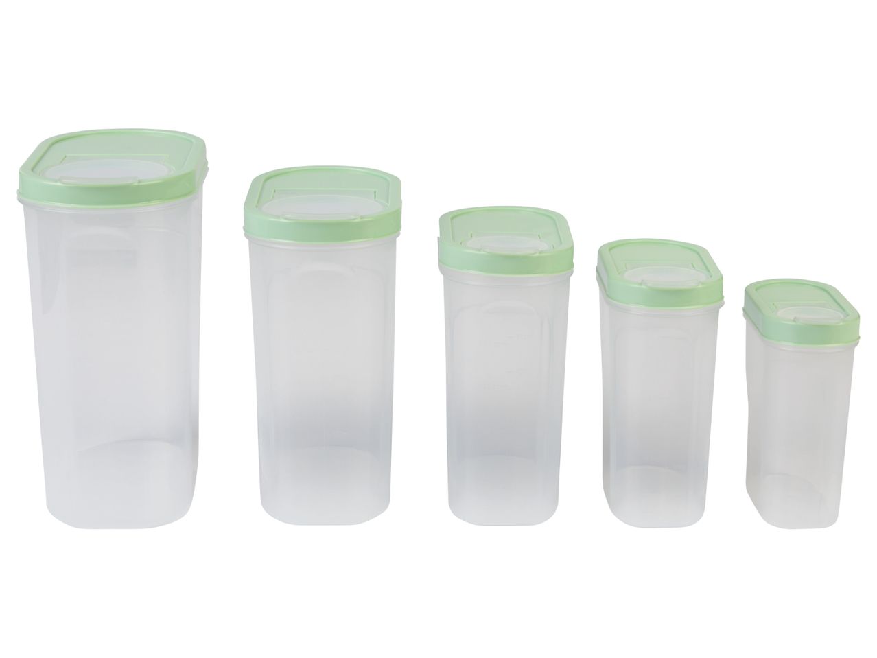 Set od pet providnih plastičnih posuda za skladištenje sa svetlozelenim poklopcima.