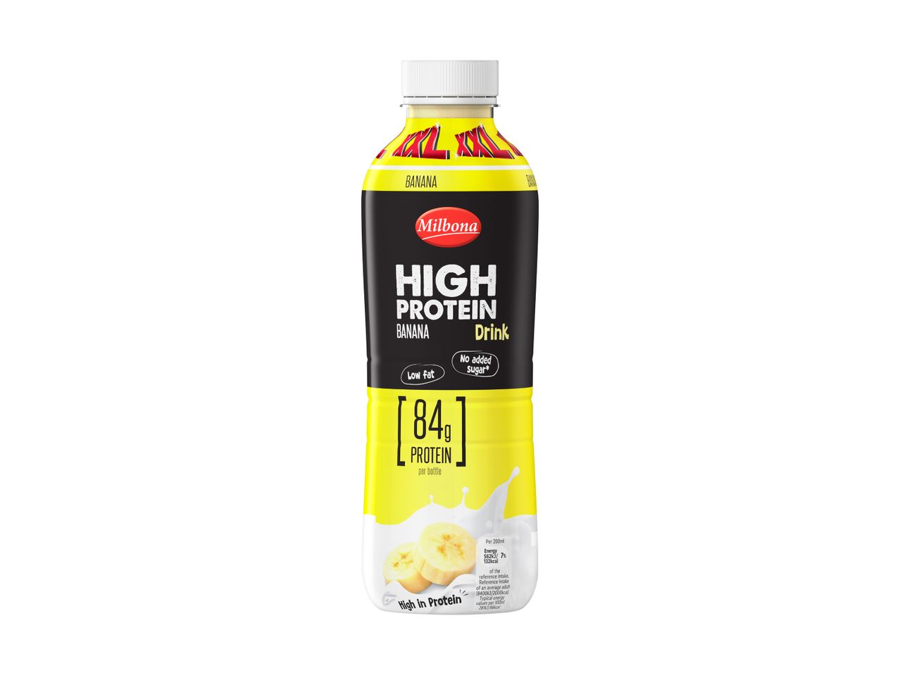 Banana high protein drink with 84g protein per bottle, low fat, and no added sugar.