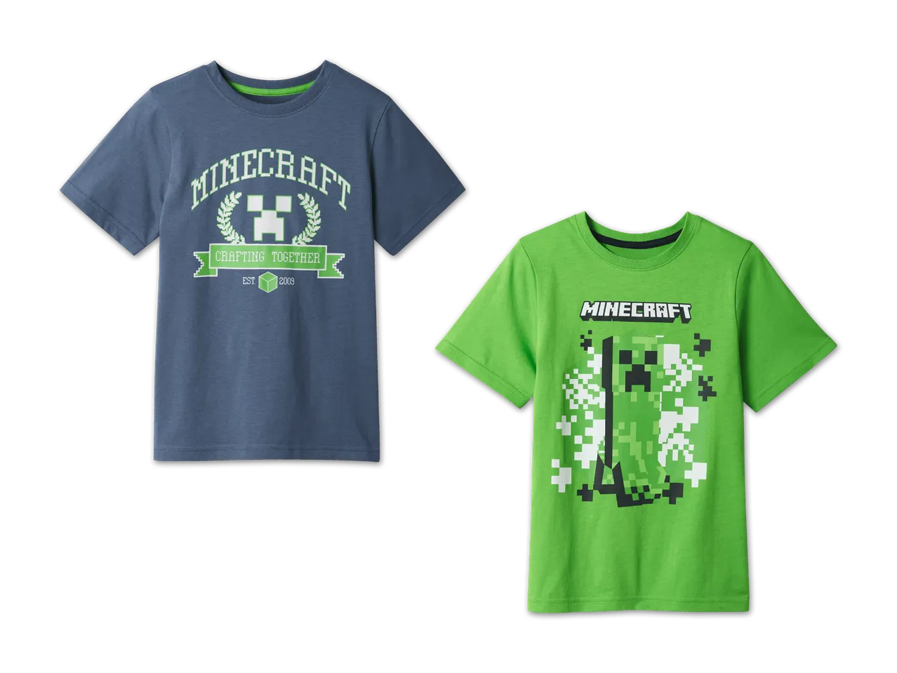 Minecraft Kinder-T-Shirts: dunkelblau mit Logo und grün mit Creeper.